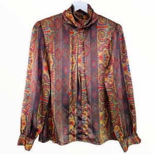 Nicola Vintage 80’s Paisley Multi-Color Satin Long Sleeve Blouse Size‎ 6